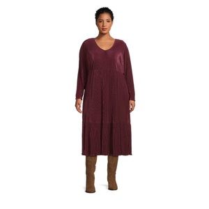 Terra & Sky Women's Plus Size Long Sleeve Plisse Midi Dress